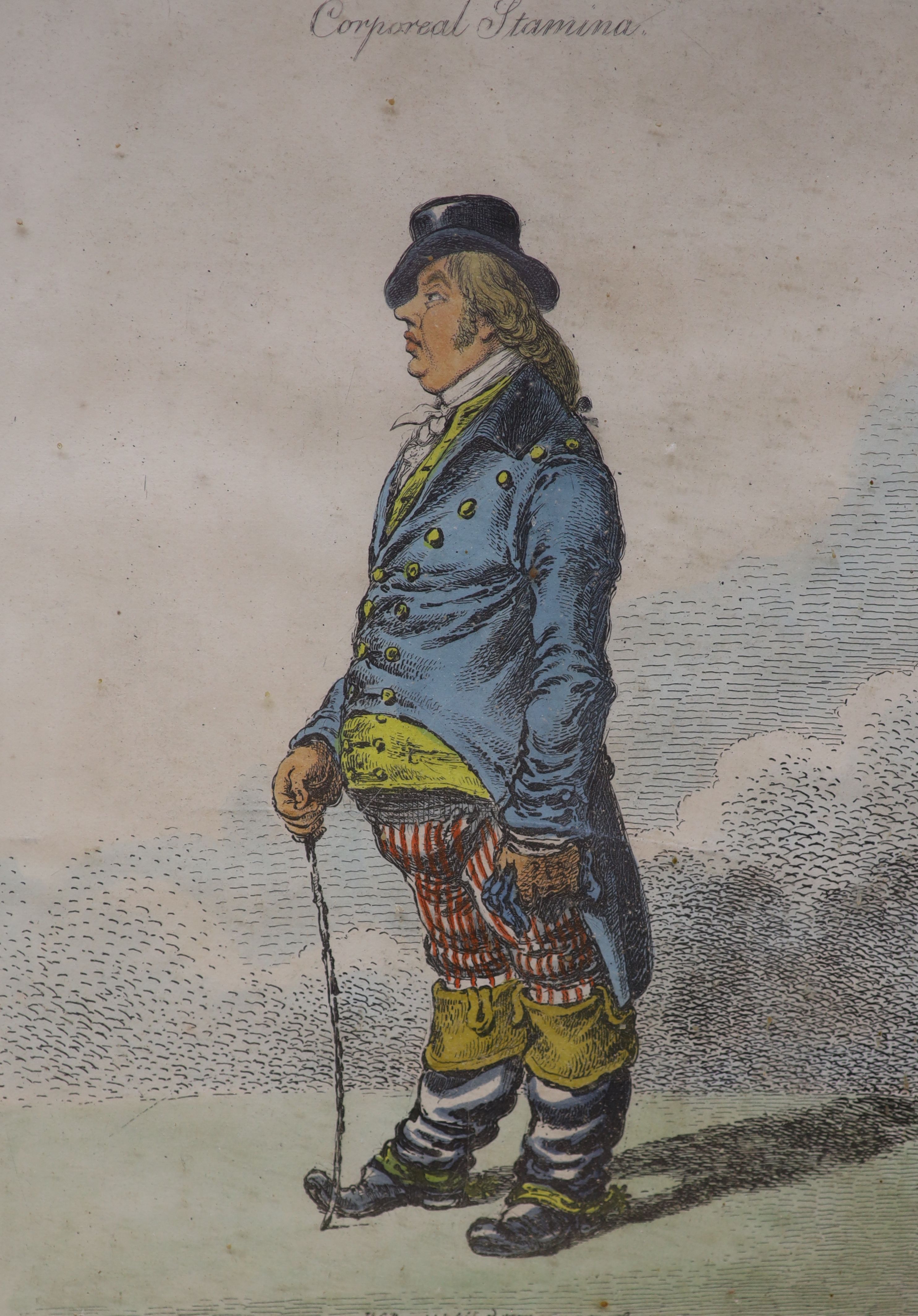 A set of four coloured lithographs of figures in caricature